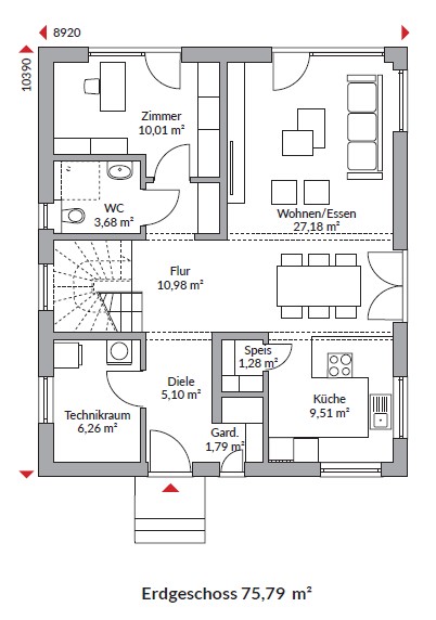 Grundriss Park 152W — Erdgeschoss mit offener Küche, Wohn-/Essbereich, Gäste-WC und Technikraum