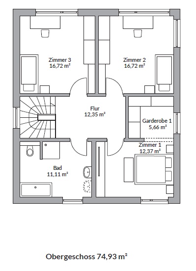 Grundriss Park 152W — Obergeschoss mit Schlafbereich, Bad und Ankleide (Gesamthaus: 4 Schlafzimmer, 2 Bäder, 2 Ankleiden)