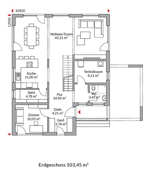 Grundriss Park 186W S-Linie — Erdgeschoss mit offener Küche, 43 m² Wohn-/Essbereich, Gäste-WC und Technikraum