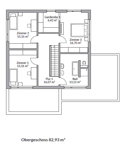Grundriss Park 186W S-Linie — Obergeschoss mit Schlafbereich, Bad und Ankleide (Gesamthaus: 4 Schlafzimmer, 2 Bäder, 2 Ankleiden)