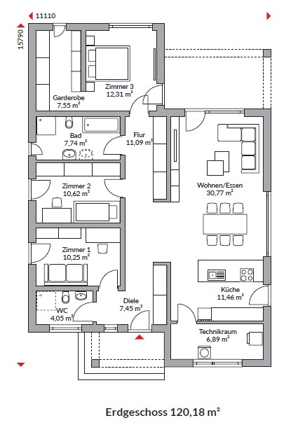 Grundriss Perfect 120.1 — Erdgeschoss mit Winkelform, 4 Zimmern, offener Küche und 2 Bädern