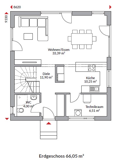 Grundriss Point 128 — Erdgeschoss mit offener Küche, Wohn-/Essbereich, Gäste-WC und Technikraum