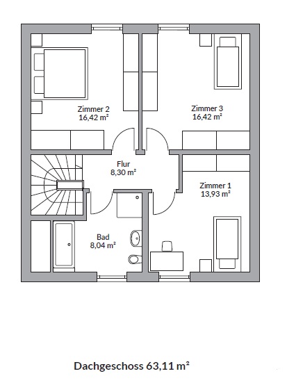 Grundriss Point 128 — Dachgeschoss mit Schlafzimmern und Bad, 0,75 m Kniestock
