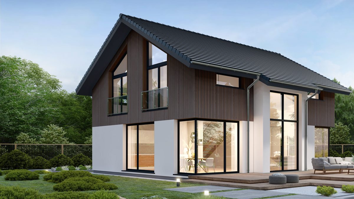 DANWOOD Alpha 162.1 S-Linie – Einfamilienhaus mit Holzfassade und Glasgiebel, schlüsselfertig in Nordbayern