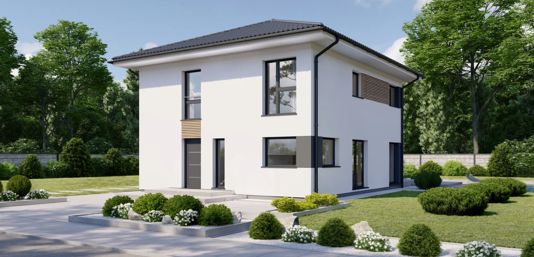 DANWOOD Park 152W — Eingangsseite der Stadtvilla mit Zeltdach und angelegtem Vorgarten