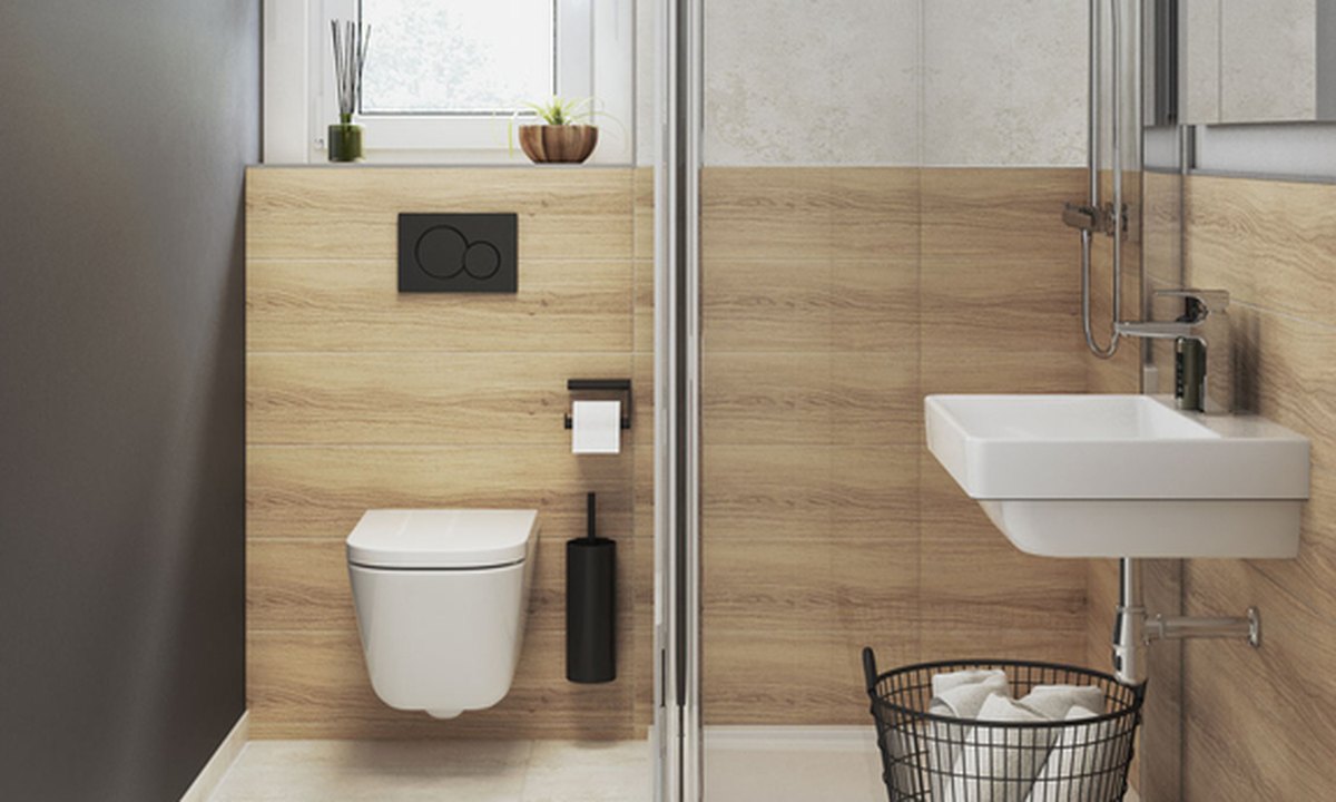 DANWOOD Park 152W — Gäste-WC mit Dusche, Waschtisch und Holzoptik
