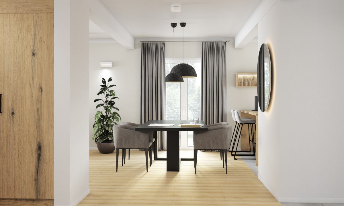 DANWOOD Park 152W — Essbereich mit Esstisch, Pendelleuchten und offenem Übergang