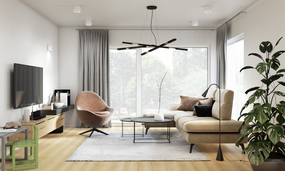 Park 152W – Wohnzimmer mit Sofa und bodentiefer Fensterfront