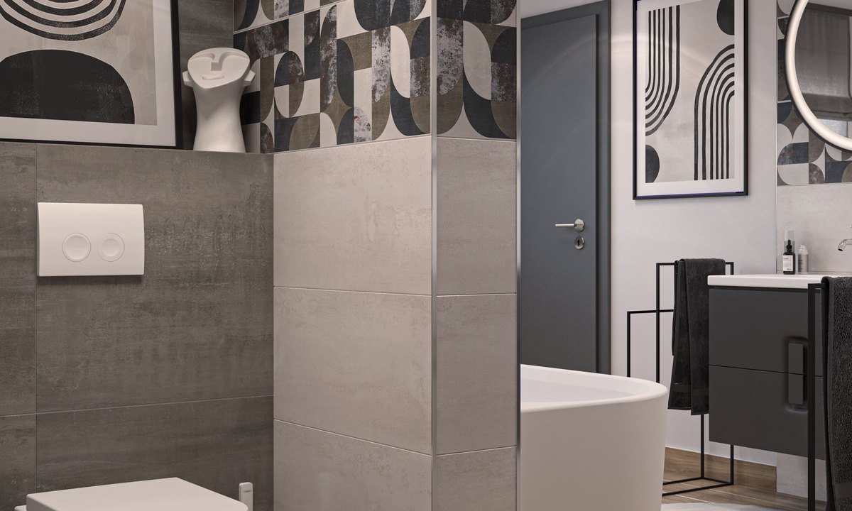 DANWOOD Park 186W S-Linie — Badezimmer mit freistehender Wanne und Mustermosaik