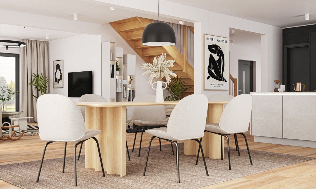 DANWOOD Park 186W S-Linie — Essbereich mit offener Küche und Holztreppe
