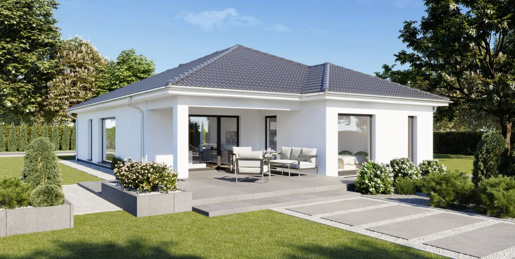 DANWOOD Perfect 120.1 — überdachte Terrasse mit Loungebereich auf der Gartenseite