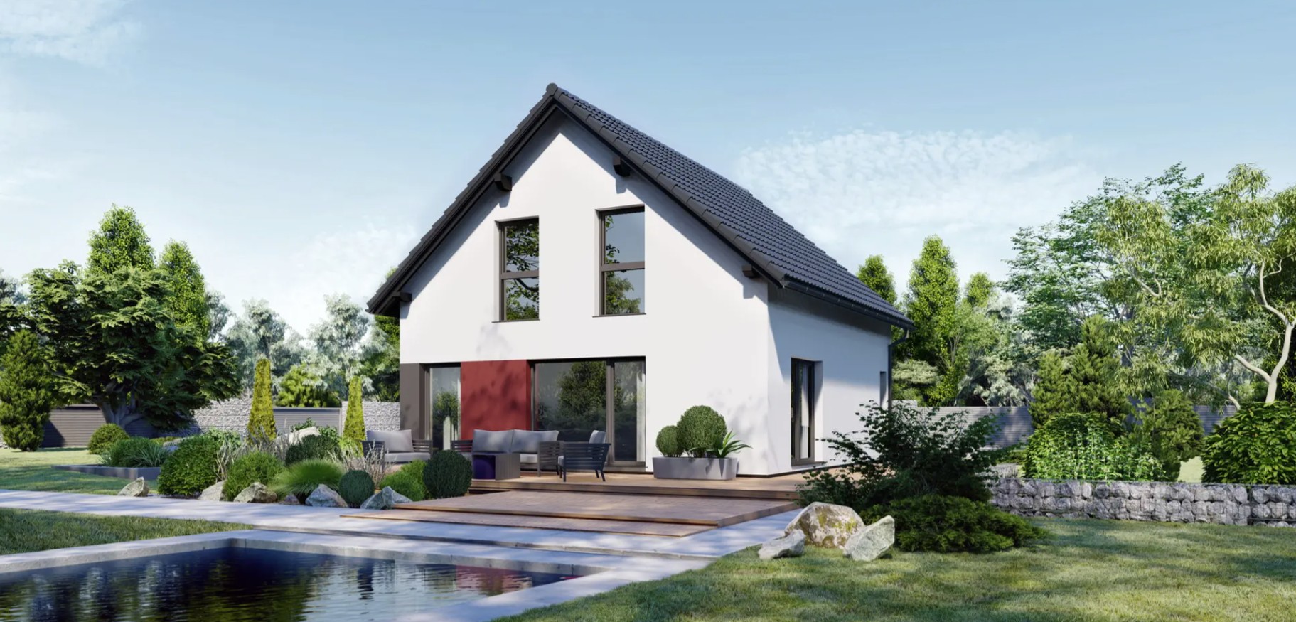 DANWOOD Point 128 — Rückansicht mit Terrasse und Pool