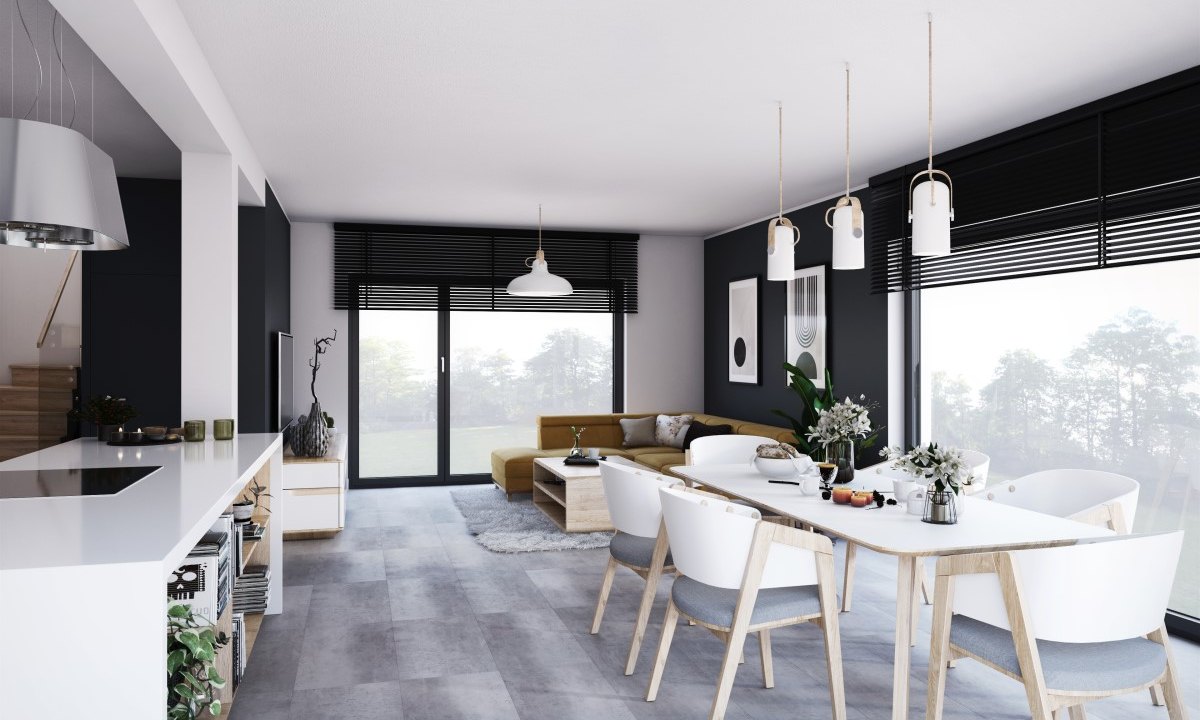 DANWOOD Point 128 — Wohnbereich mit Sofa und Essplatz am Fenster